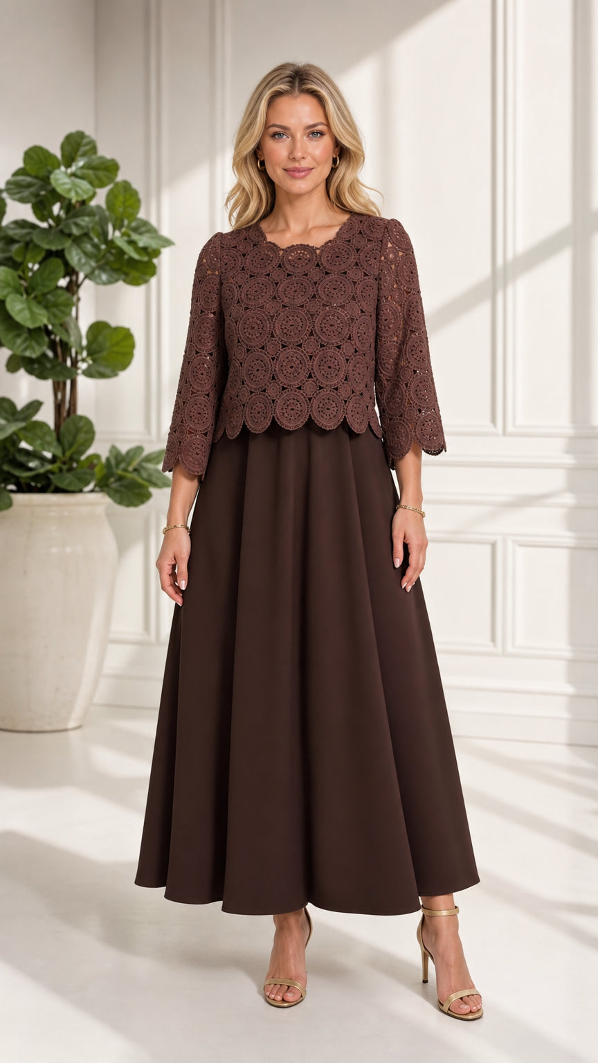 Front full view of chocolate brown crochet lace overlay maxi dress