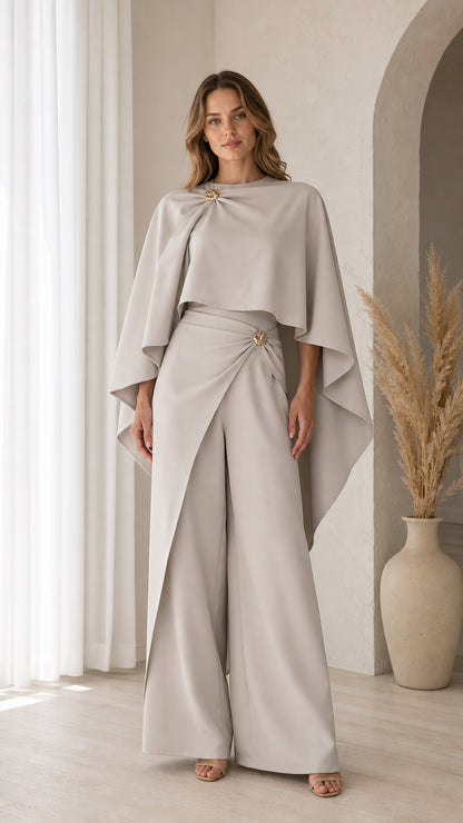 Front view of model wearing Light Grey formal cape top and wide-leg pants set