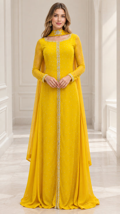 Front view of model wearing full-length yellow embellished evening gown with matching neckband
