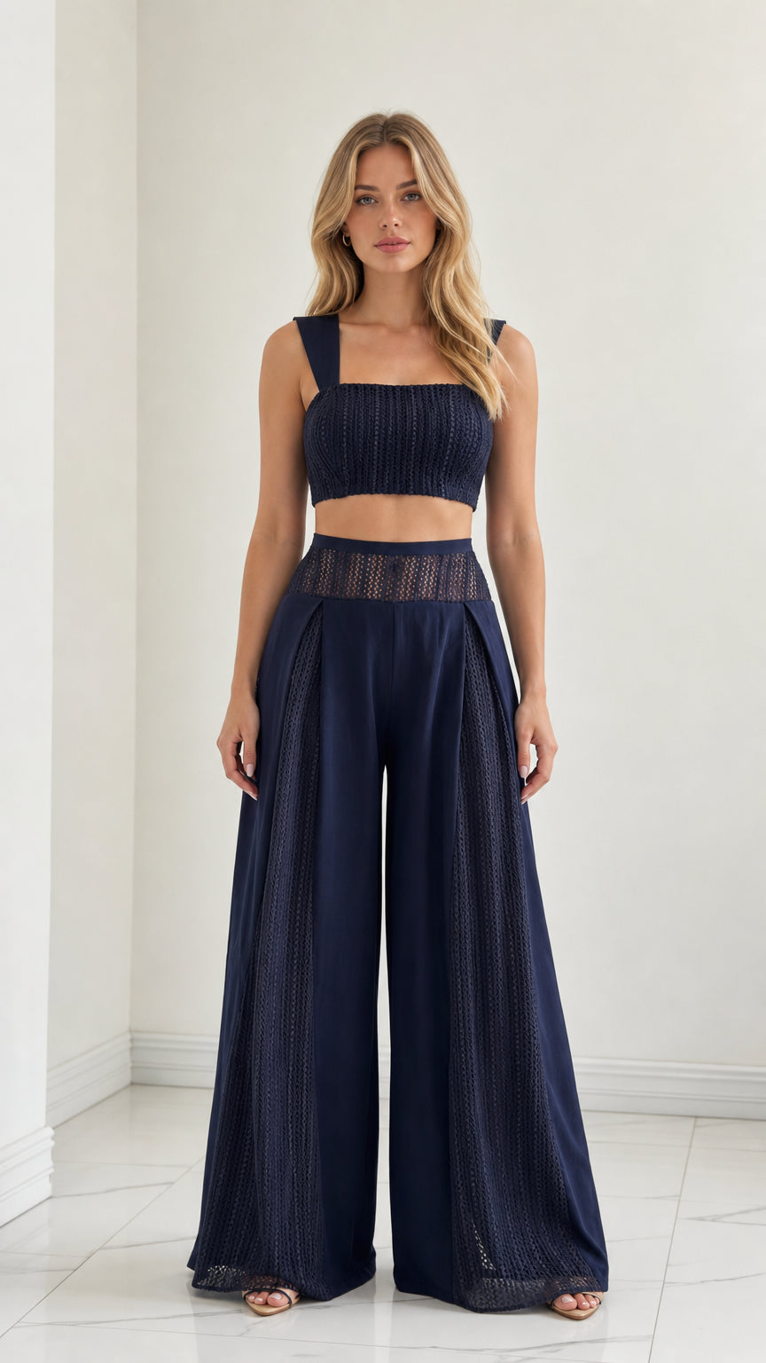 Front view of model wearing Navy Blue square neck crop top and wide-leg palazzo pants set