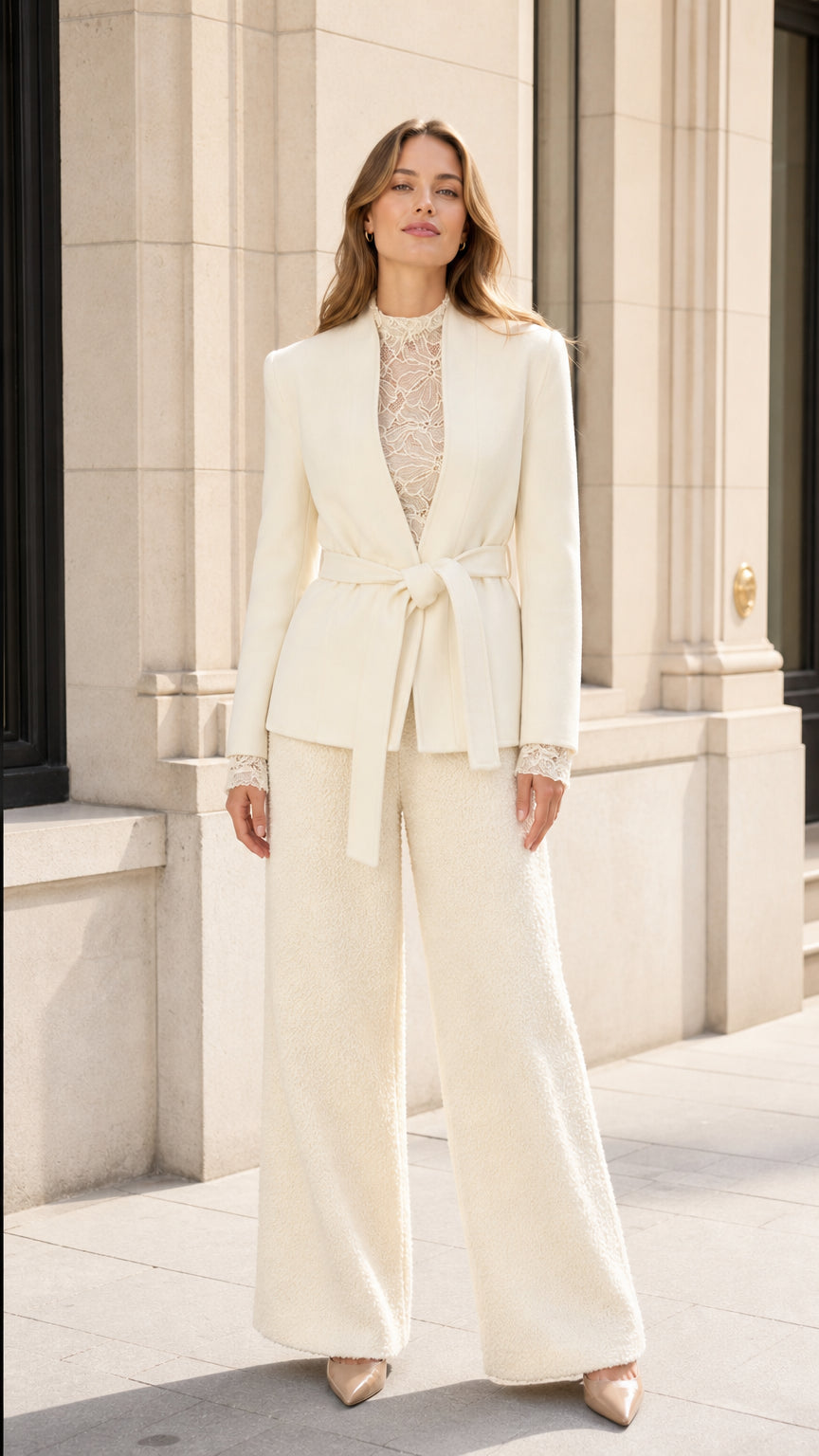 Full front view of model wearing a Cream belted blazer and wide-leg pant suit set