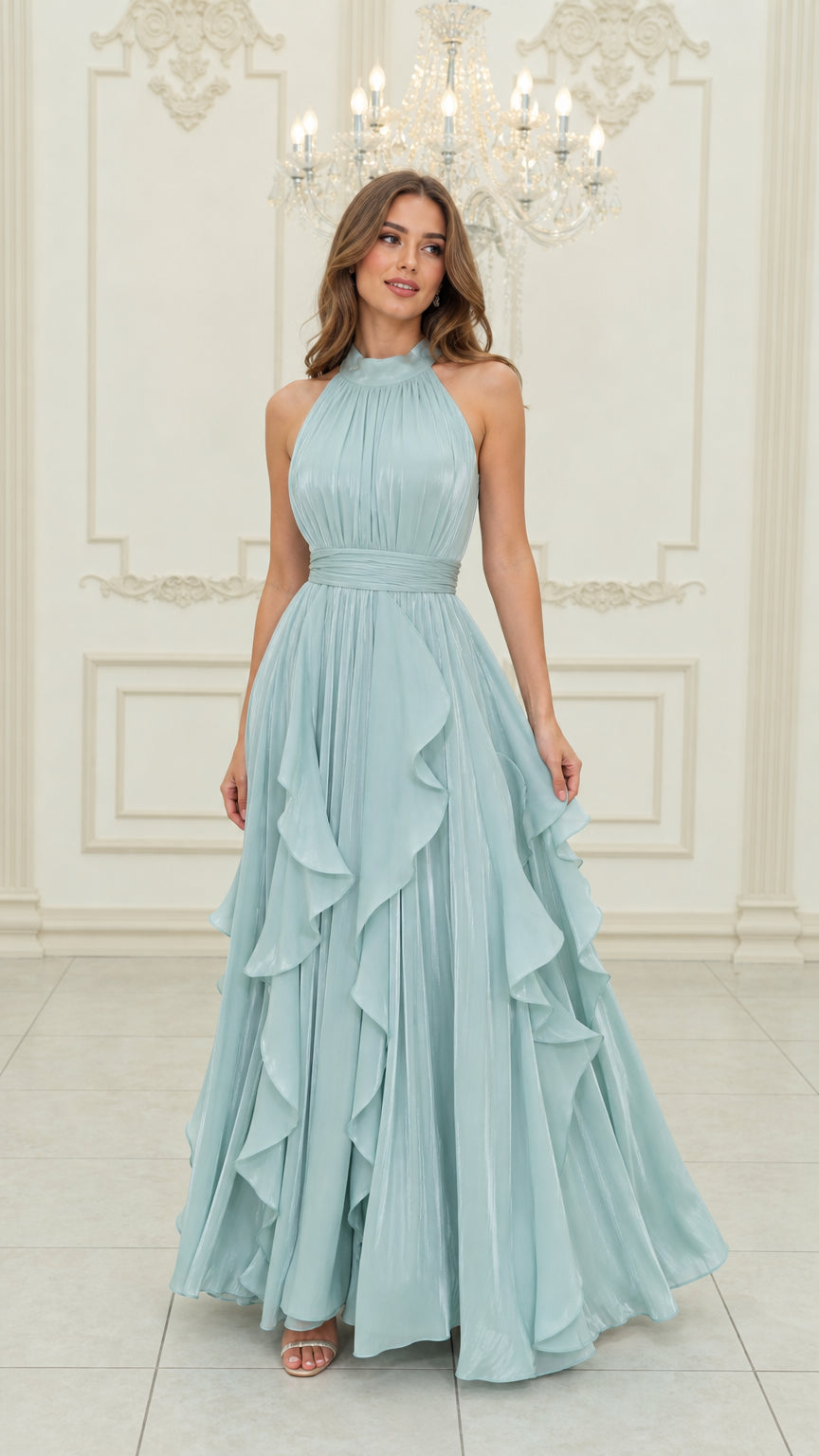 Front view of light blue halter neck pleated maxi dress with cascading ruffles