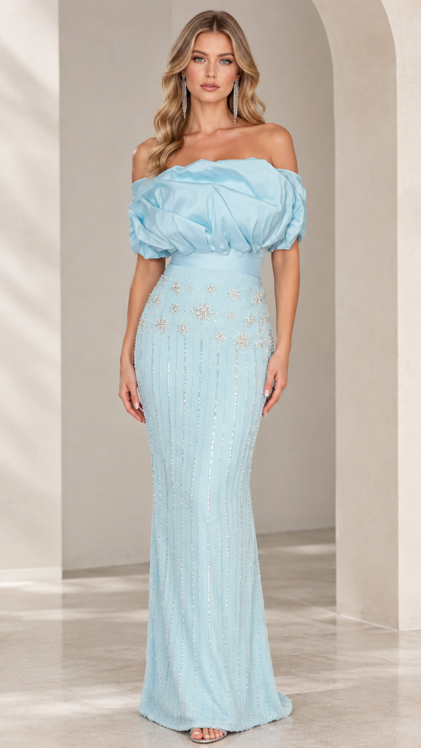 Light blue off-the-shoulder bubble bust beaded mermaid evening gown front view