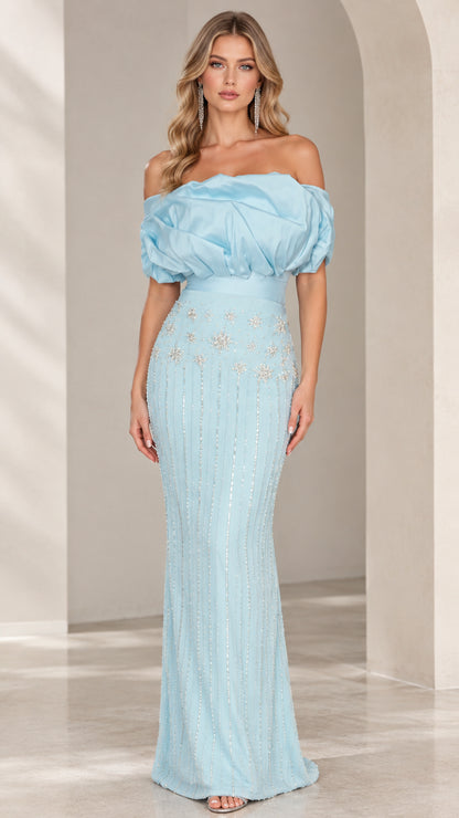 Light blue off-the-shoulder bubble bust beaded mermaid evening gown front view