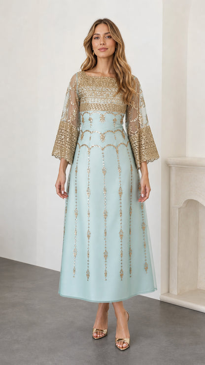 Front full view of sky blue sequin embroidered bell sleeve evening dress