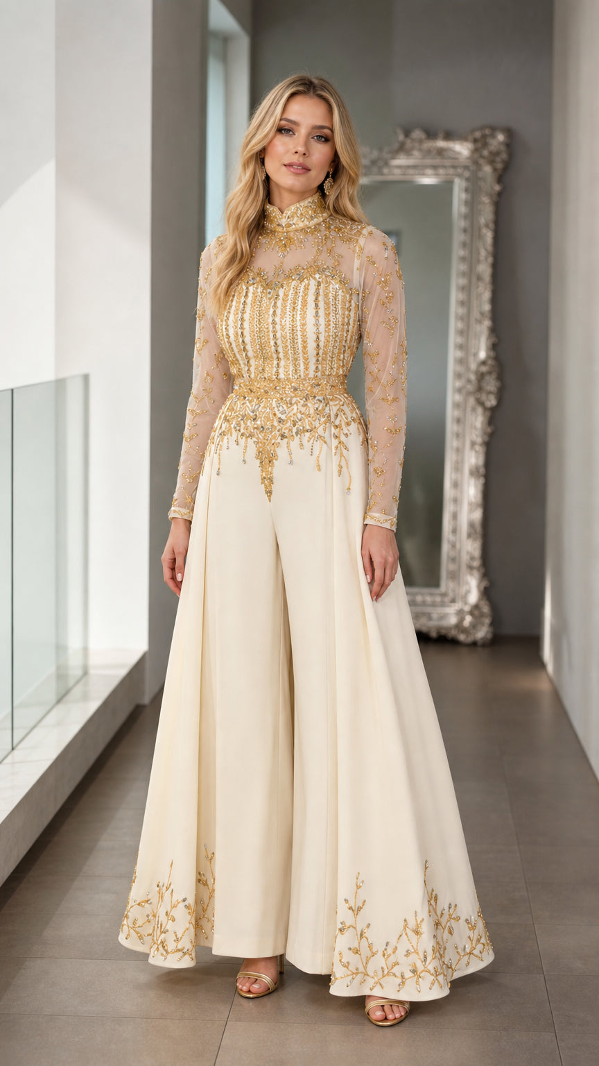 Front full-length view of model wearing ivory wide-leg formal jumpsuit with gold sequin embellishments