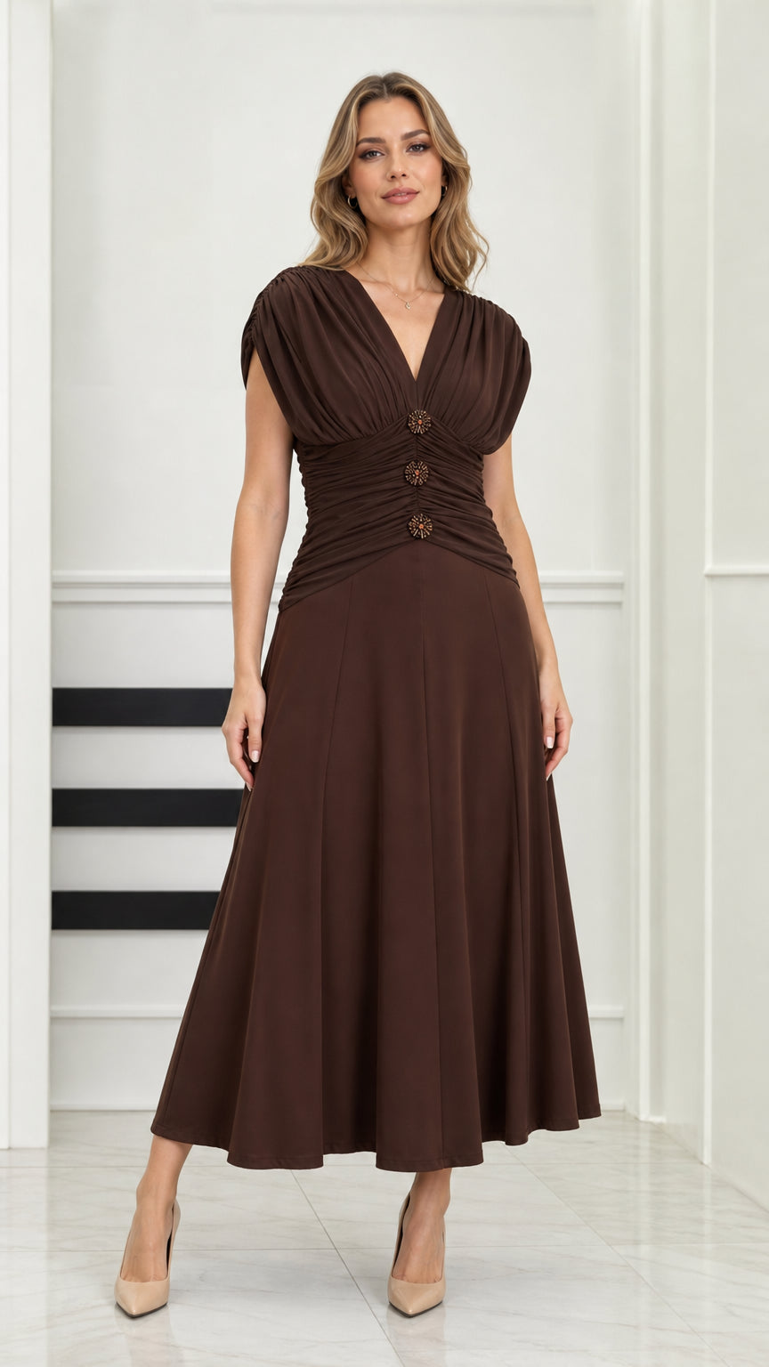Front full-length view of model wearing chocolate brown ruched waist V-neck midi dress