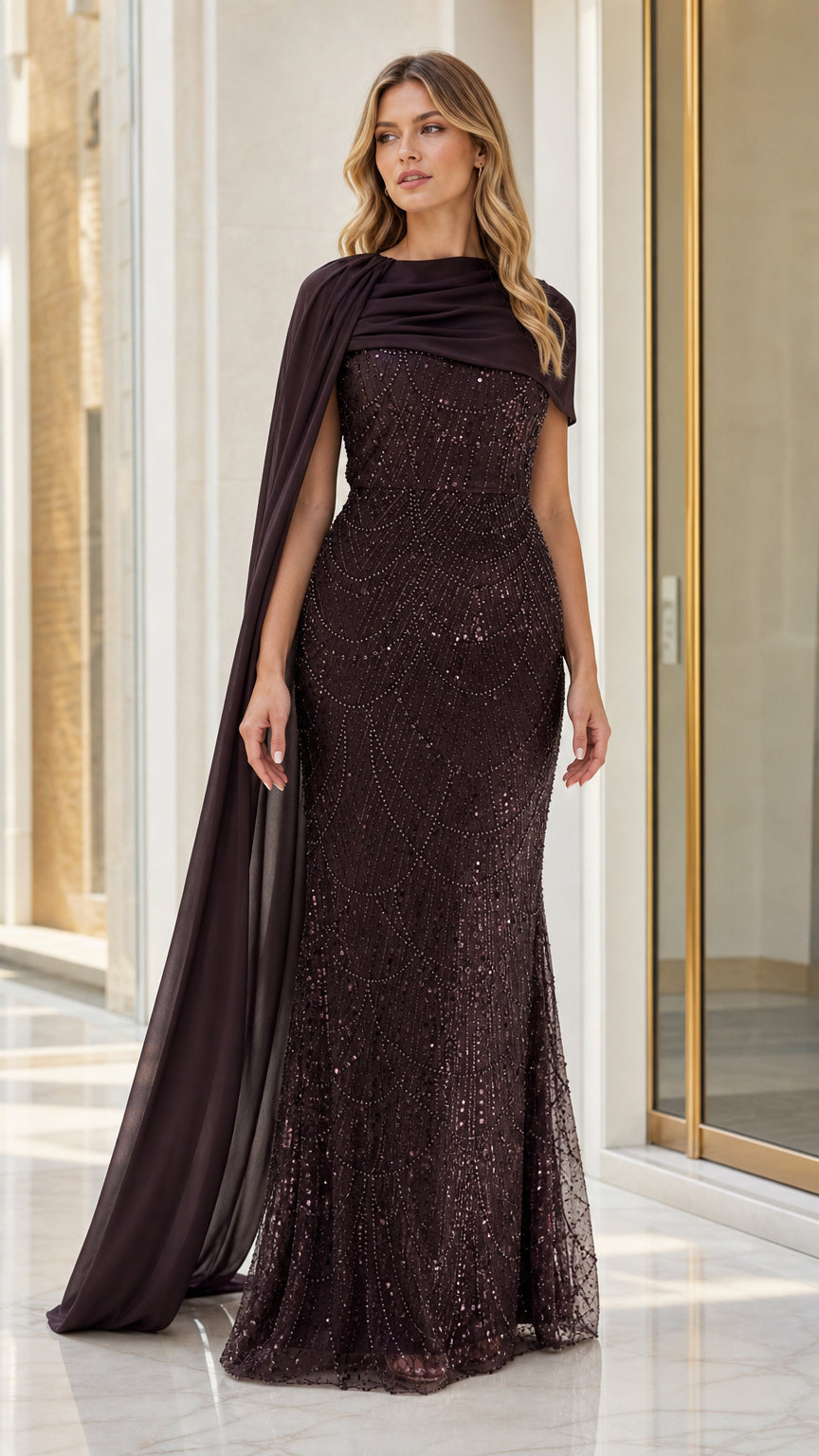 Front full view of deep espresso sequin mermaid evening gown with draped chiffon cape