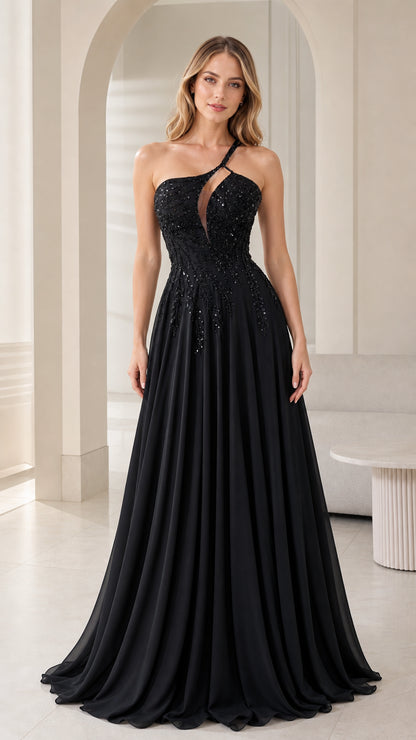 Front view of woman wearing black one-shoulder beaded chiffon evening gown