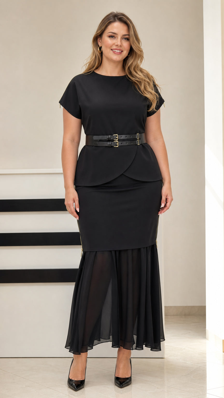 Front view of black belted peplum top and chiffon mermaid skirt set on model