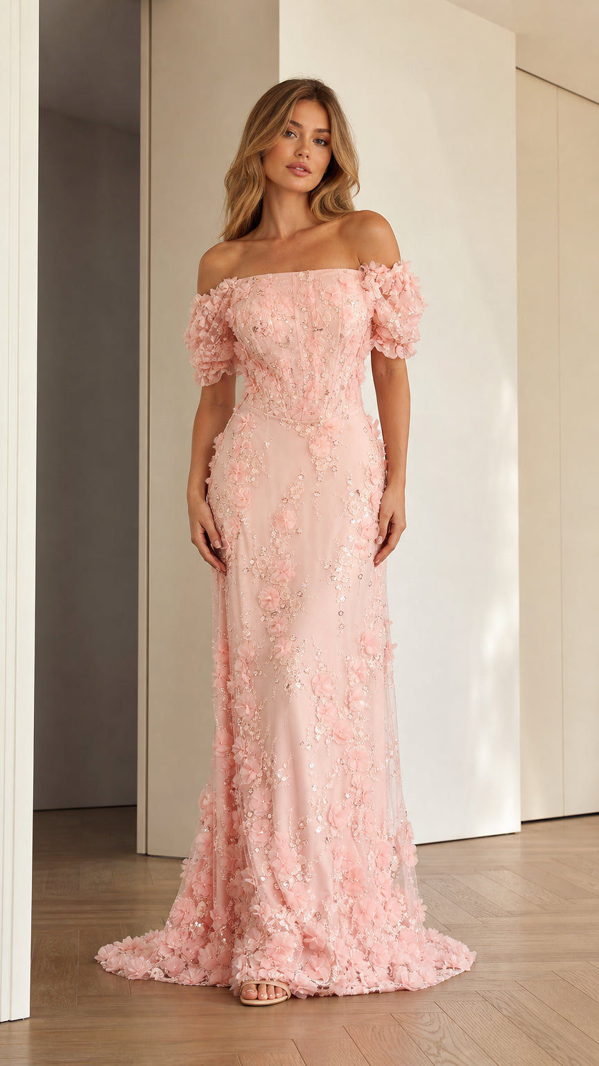 Front full-length view of woman in blush pink off-the-shoulder 3D floral sequin evening gown