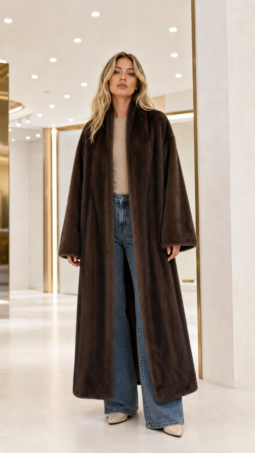 Full front view of model wearing a long dark brown plush faux fur maxi coat with wide-leg jeans
