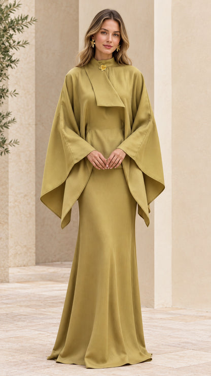 Front view of woman wearing olive green high neck cape sleeve maxi dress