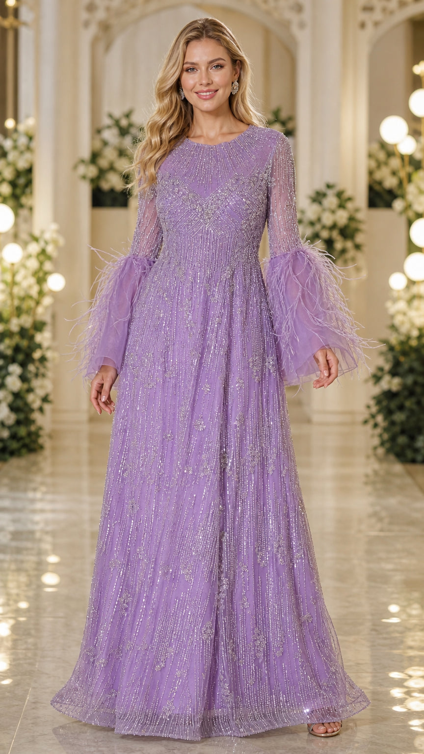 Front view of lavender sequin beaded A-line evening gown with dramatic feather-trimmed sleeves