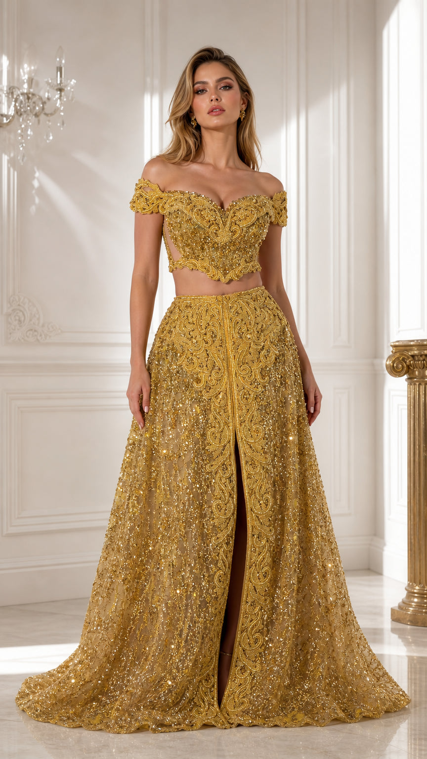 Front full view of woman wearing gold off-the-shoulder beaded two-piece formal gown with slit skirt