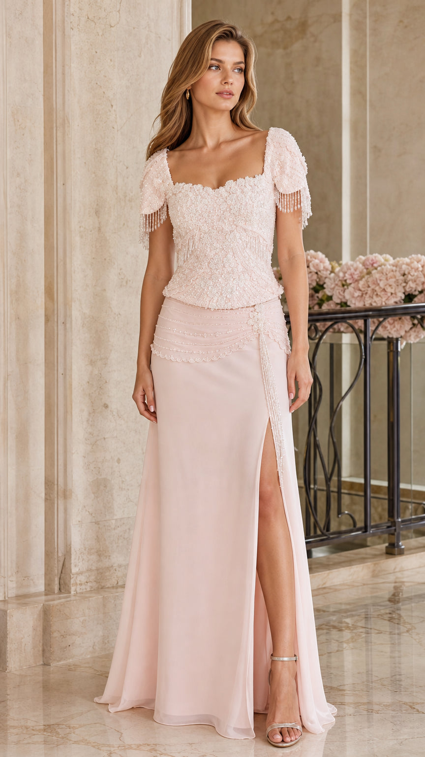 Front full-length view of woman wearing blush pink beaded evening gown with side slit