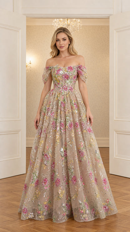 Front view of model wearing champagne off-the-shoulder floral embroidered sequin ball gown