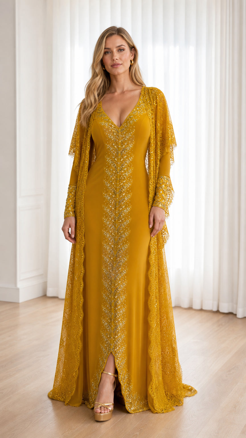 Front view of woman wearing mustard yellow sequin V-neck evening gown with sheer lace duster jacket