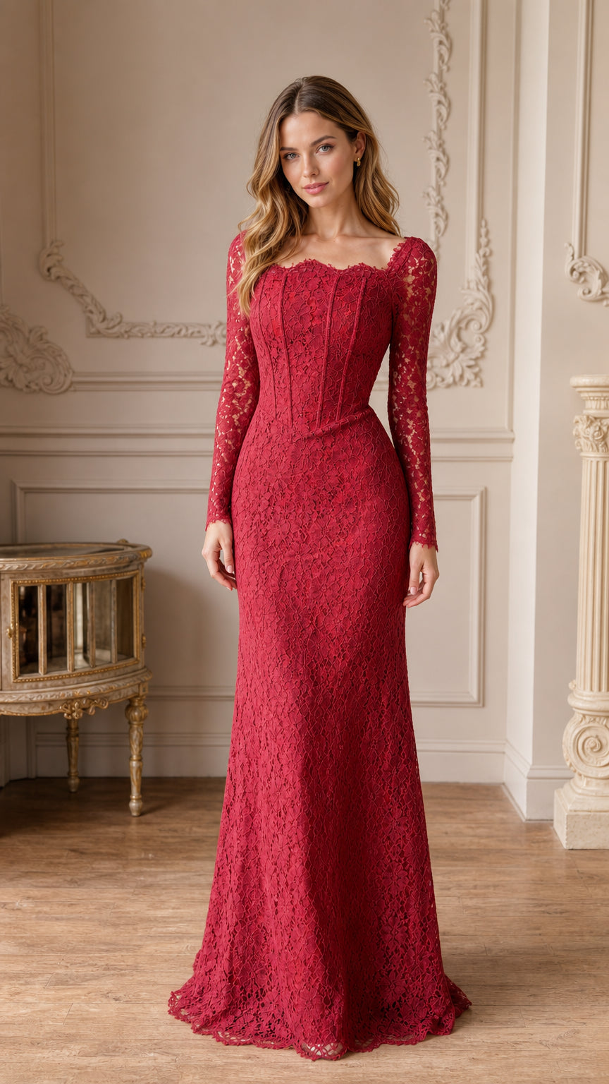 Front view of woman wearing burgundy long sleeve lace corset maxi gown