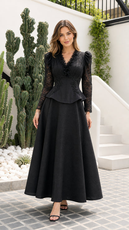 Front view of black elegant peplum maxi dress with lace sleeves