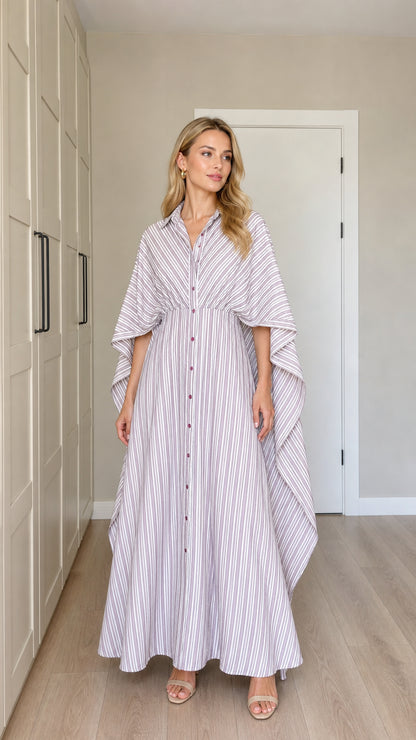 Front view of woman wearing lavender striped button-down cape sleeve maxi dress