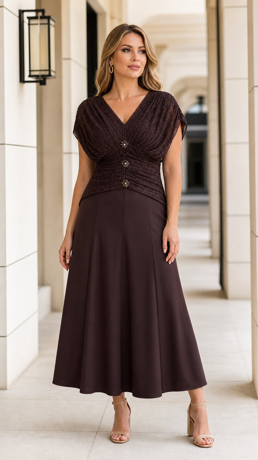 Front view of model wearing elegant chocolate brown ruched V-neck A-line midi dress