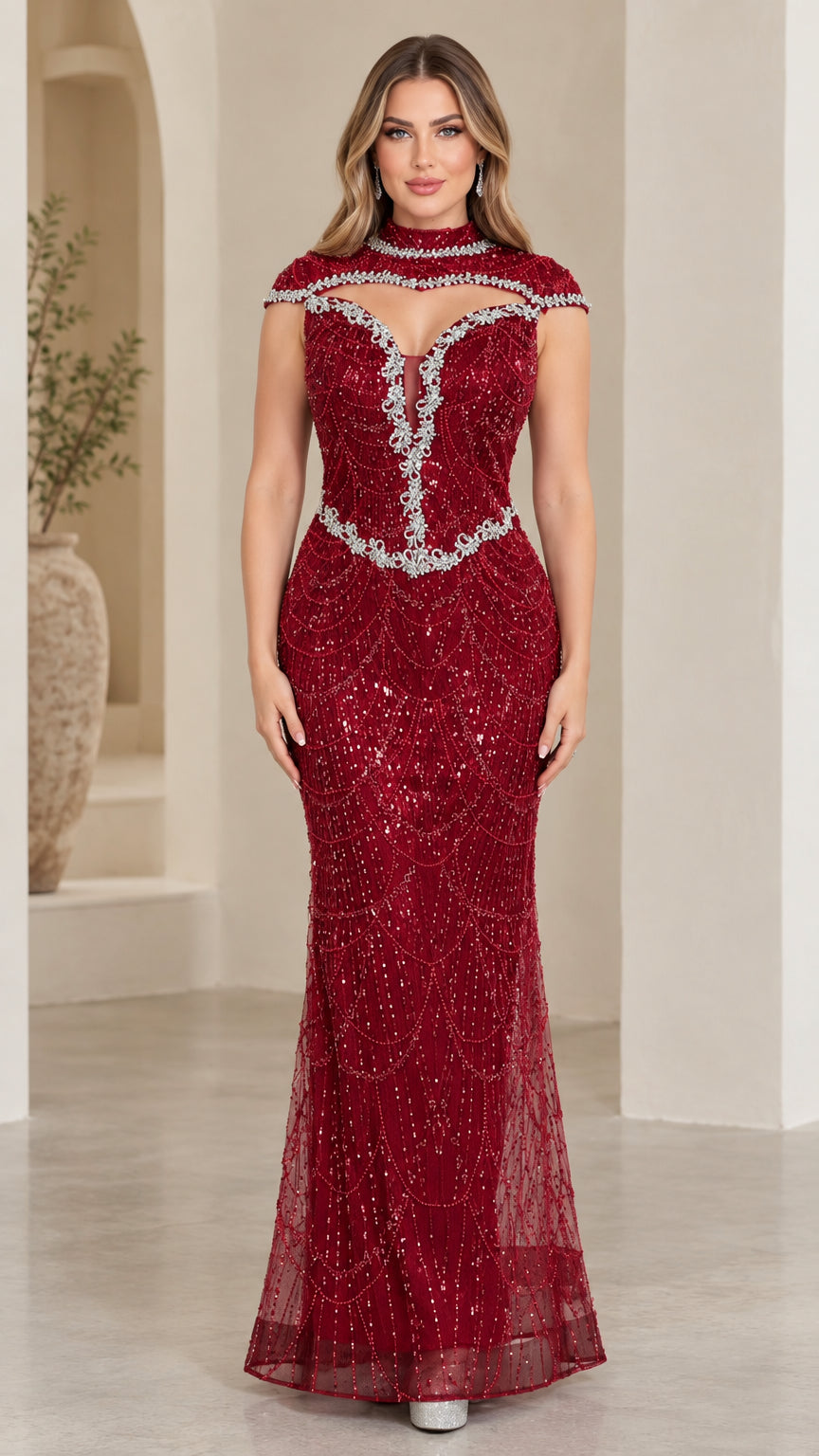 Front view of model wearing burgundy sequined and beaded keyhole mermaid evening gown