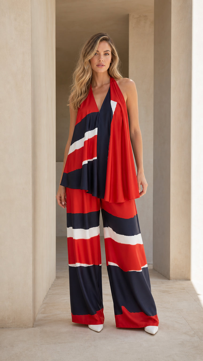 Front full-length view of woman wearing red, navy, and white color block halter top and wide-leg pants set
