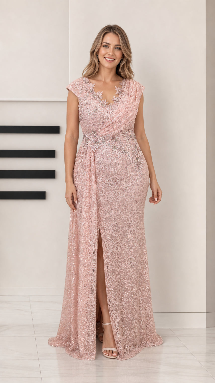 Front view of woman wearing blush pink sequin lace evening gown with draped neckline and front slit