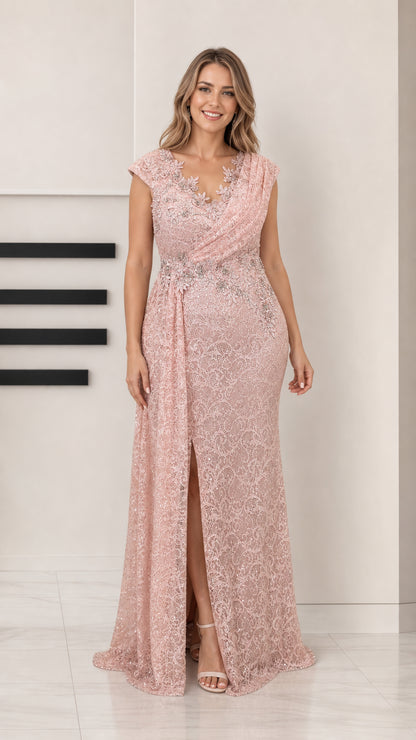 Front view of woman wearing blush pink sequin lace evening gown with draped neckline and front slit