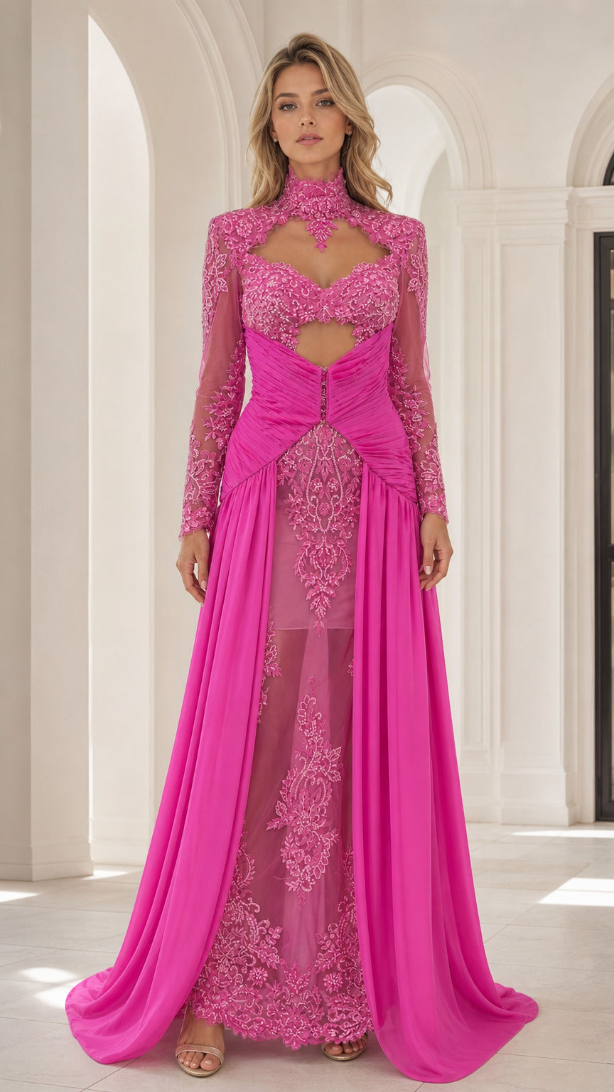 Front full-length view of fuchsia pink high-neck beaded evening gown with cutout and chiffon skirt