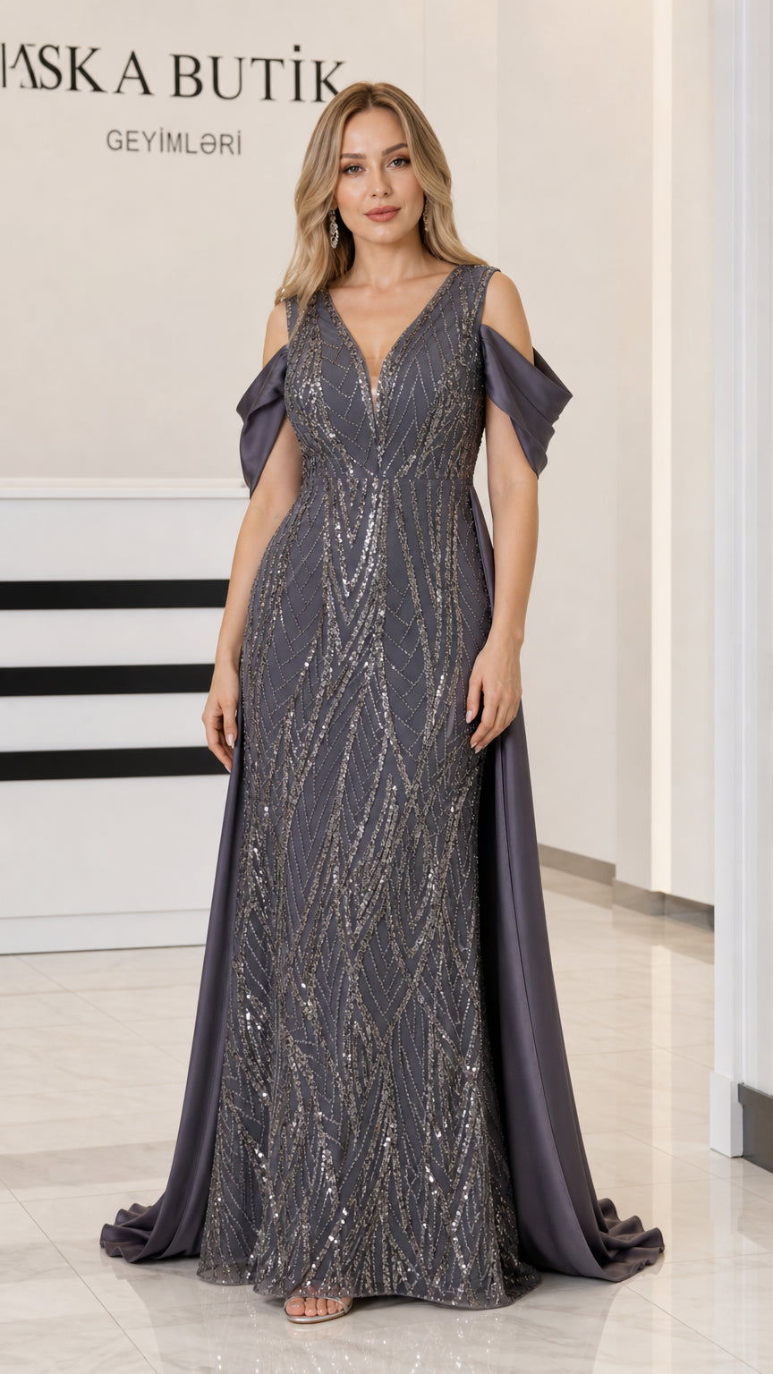 Front view of Charcoal Grey sequin V-neck evening gown with draped satin train