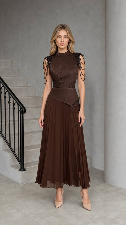 Chocolate Brown Mock Neck Beaded Fringe Pleated Maxi Dress - Front View