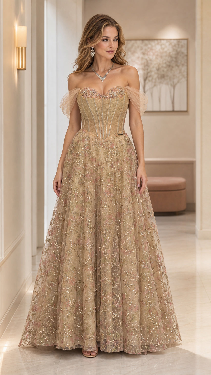 Champagne gold off-the-shoulder corset glitter evening gown front full-length view