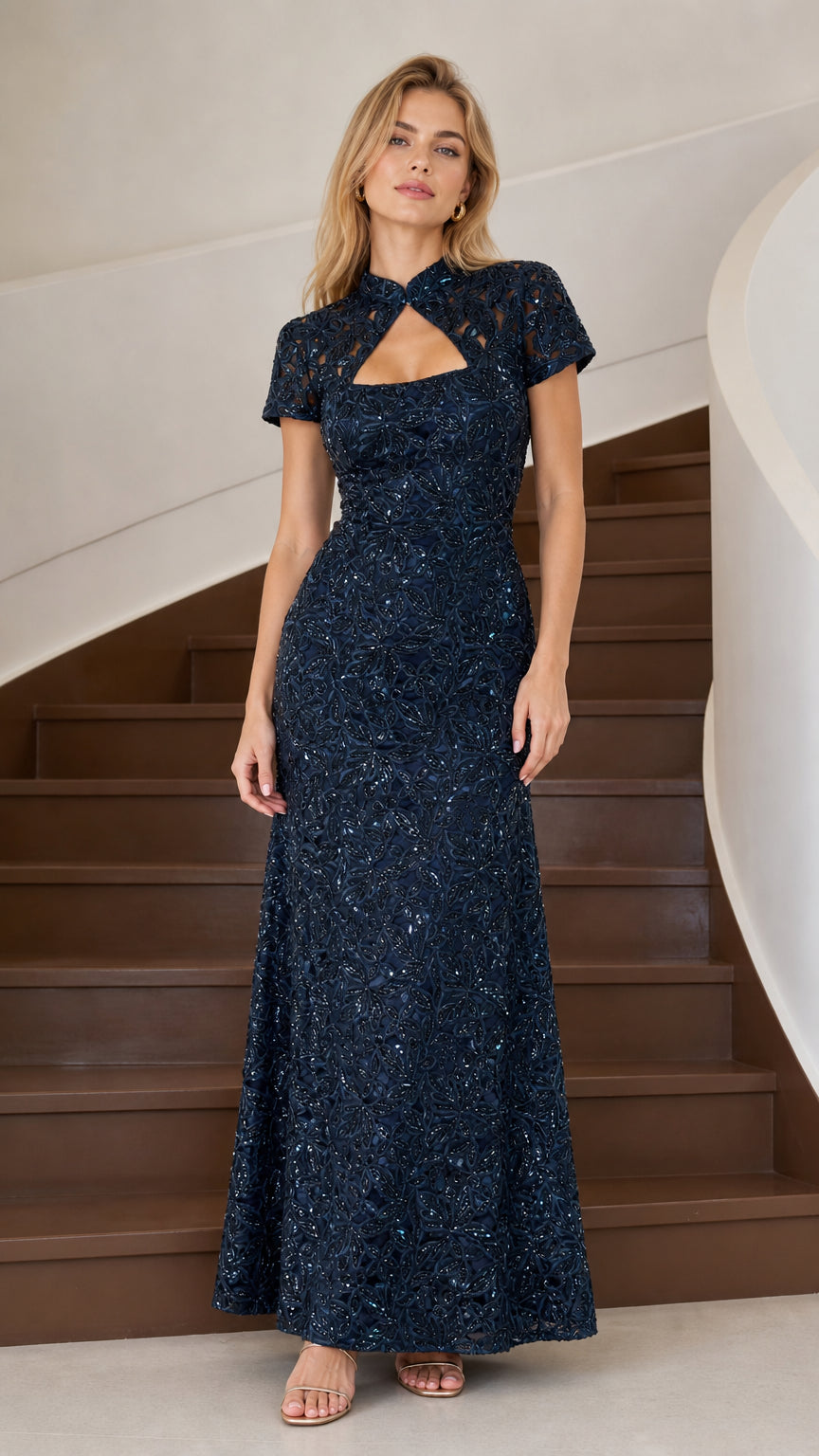 Navy blue sequin beaded evening gown with keyhole cutout neckline front view