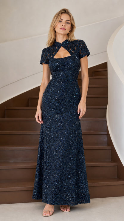 Navy blue sequin beaded evening gown with keyhole cutout neckline front view