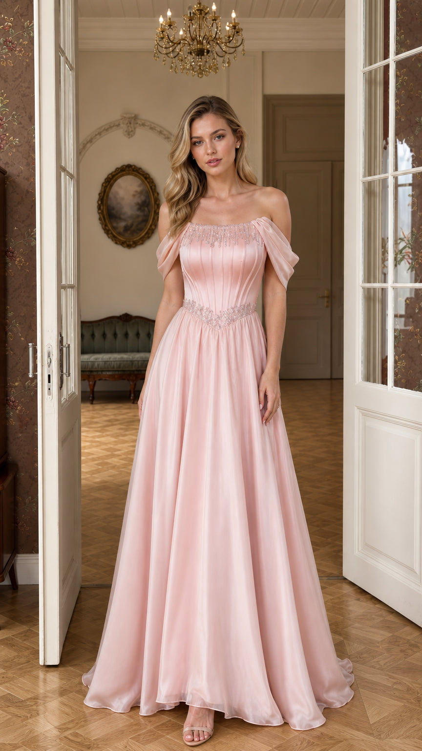 Blush Pink off-the-shoulder beaded corset evening gown front view