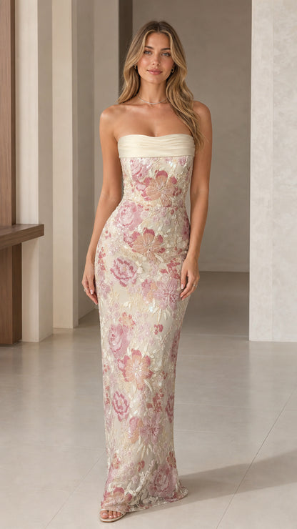 Strapless cream and pink floral embroidered maxi evening gown front view