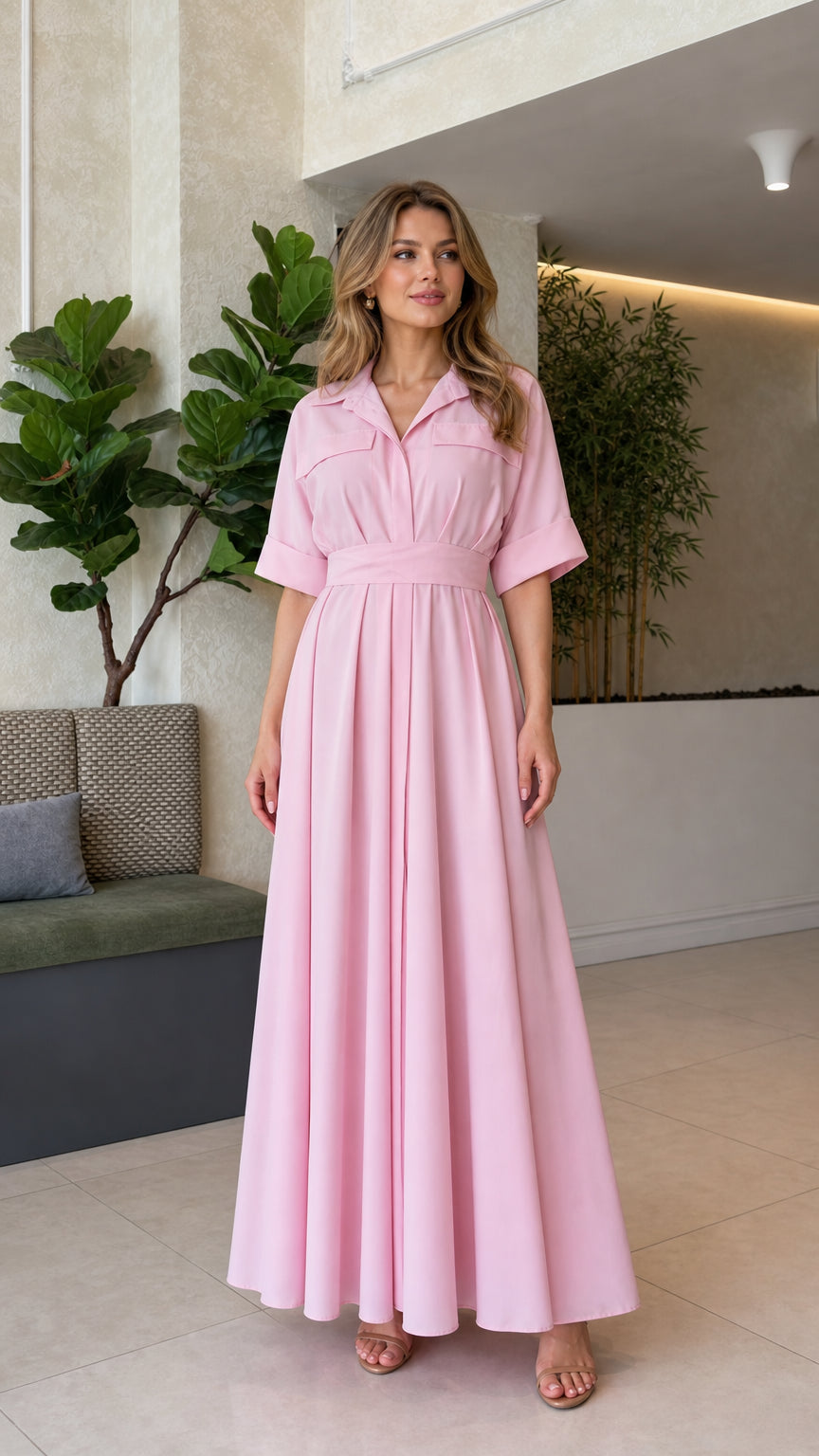 Front full view of woman wearing blush pink pleated collared maxi dress