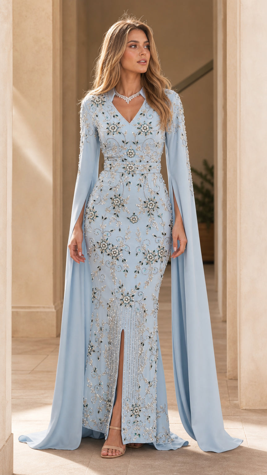 Full front view of light blue embellished cape sleeve evening gown
