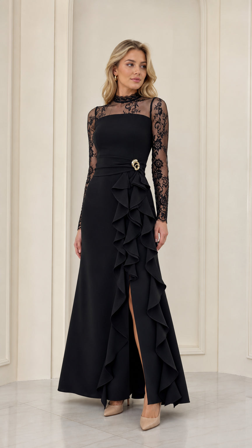 Black lace illusion long sleeve evening gown with cascade ruffles and front slit