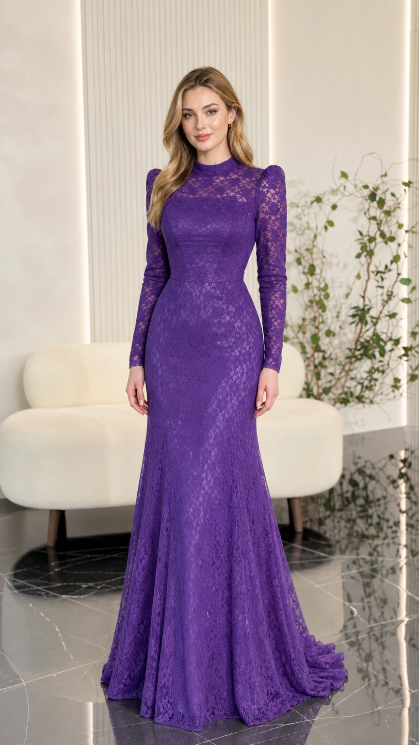 Front full view of woman wearing purple mock neck long sleeve lace evening gown