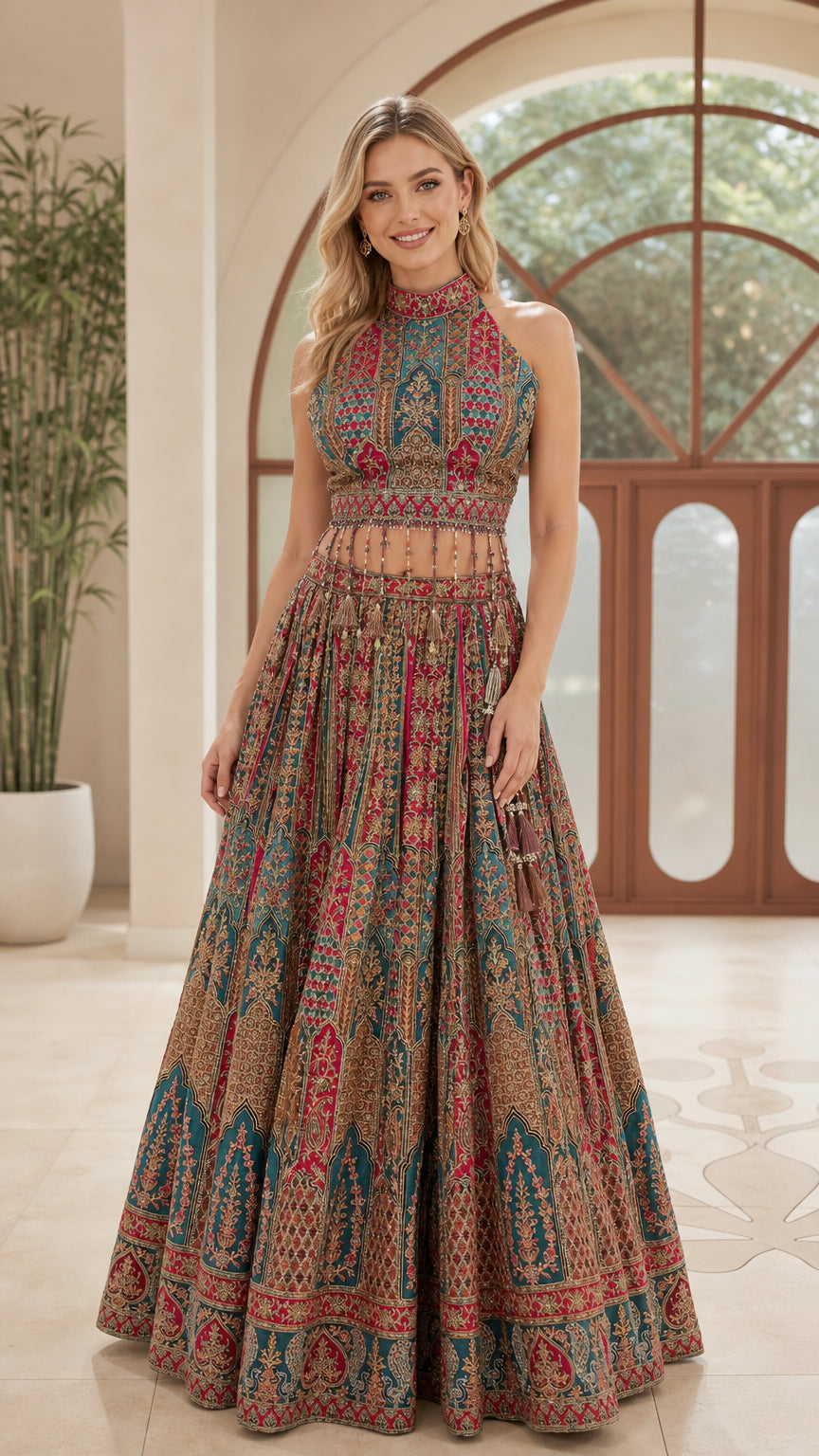 Front view of model wearing Teal & Magenta embroidered halter crop top and maxi skirt set