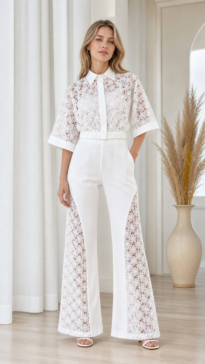Front view of model wearing white collared lace wide-leg jumpsuit