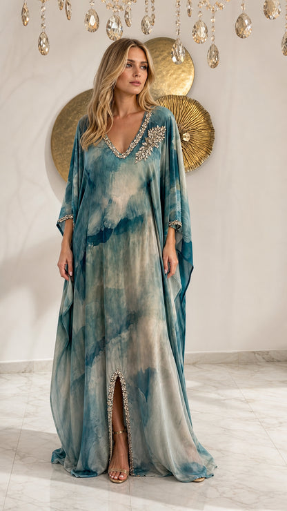 Teal Blue embellished tie-dye kaftan maxi dress front view