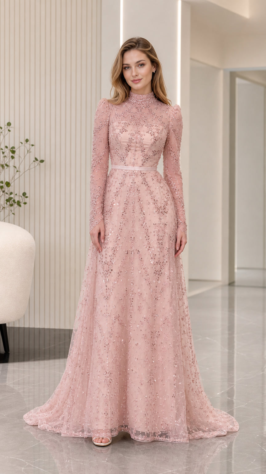 Blush pink high neck sequin long sleeve evening gown front view