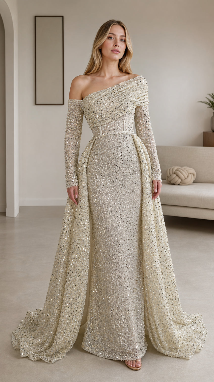 Champagne sequin asymmetrical long sleeve evening gown front view