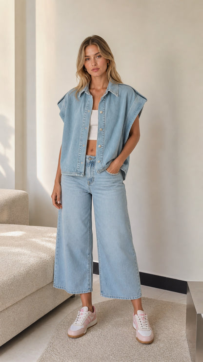 Full front view of model wearing Light Blue sleeveless denim vest with matching wide-leg jeans