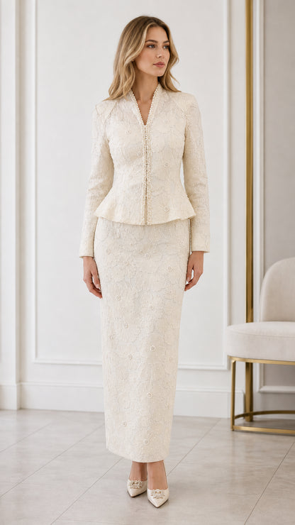Full front view of cream embroidered peplum jacket and maxi skirt suit