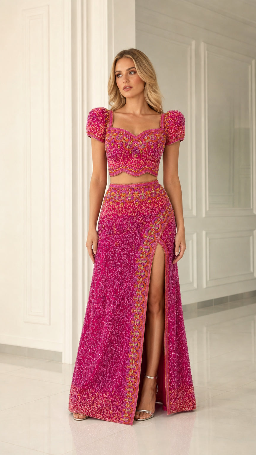 Model wearing a magenta two-piece beaded evening gown set with a high slit skirt front view